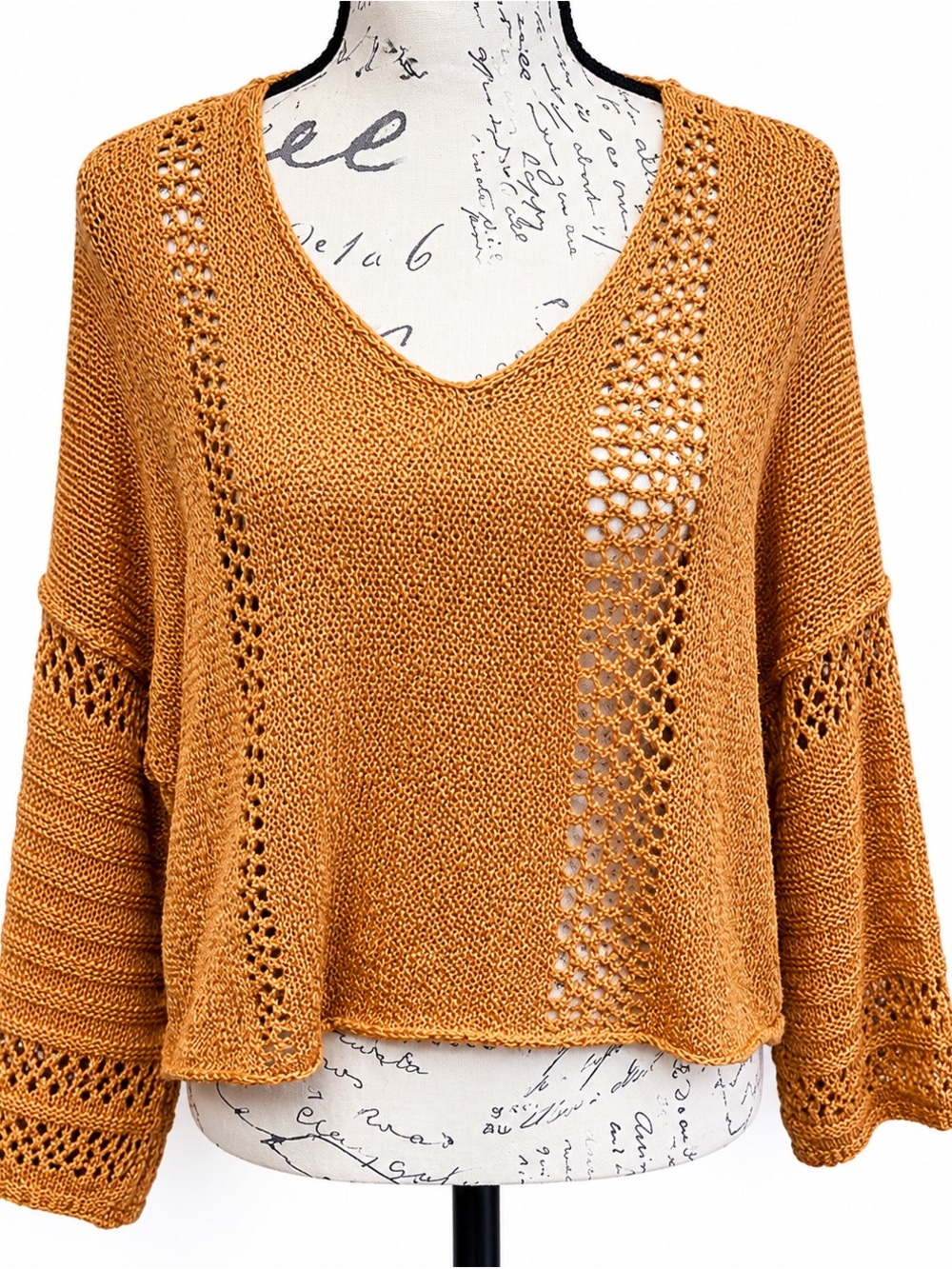 Angie Boho Open-Knit Crochet Detail Sweater | Size Small | Mustard Gold